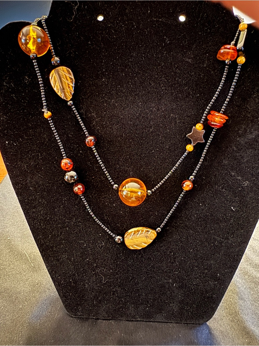 Artisan Tiger’s Eye & Amber Tone Beaded Necklace 32” Boho Statement